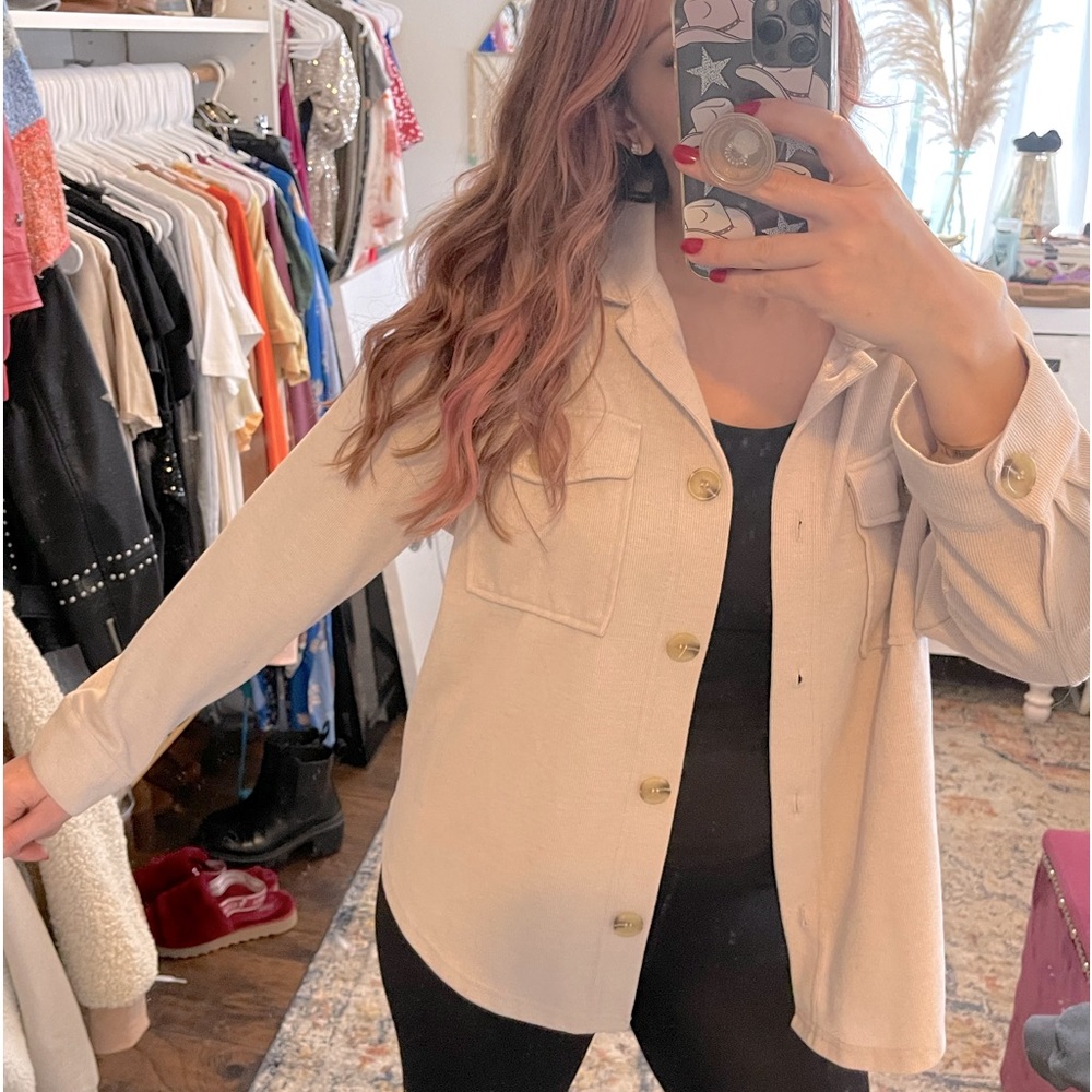 Pink beige lightweight shacket shirt jacket button up